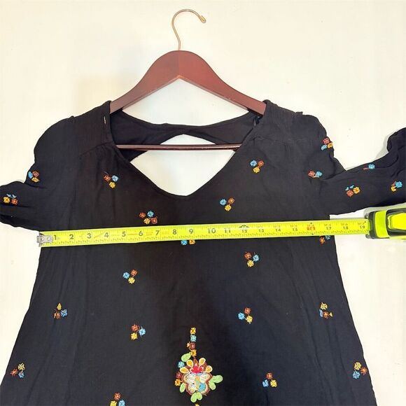 Free People XS Black Embroidered Bohemian Swing Mini Dress Long Sleeve - Picture 6 of 7
